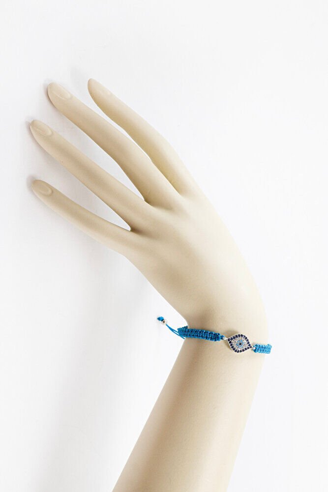 Koyu Turkuaz Renkli Asansörlü Gümüş Elips Zirkon Taşlı Nazar Bileklik, Hediyelik Bileklik