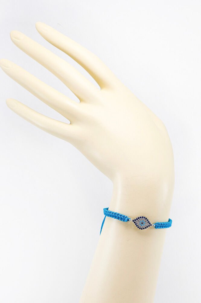 Koyu Turkuaz Renkli Asansörlü Gümüş Elips Zirkon Taşlı Nazar Bileklik, Hediyelik Bileklik