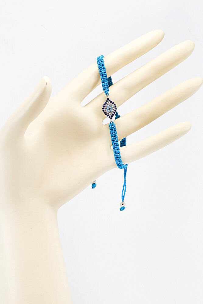 Koyu Turkuaz Renkli Asansörlü Gümüş Elips Zirkon Taşlı Nazar Bileklik, Hediyelik Bileklik