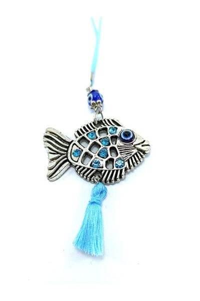 Püsküllü Nazar Boncuklu ve Parlak Taşlı Metal Balık Araba Dikiz Ayna Süsü, Yeni Araba Süsü Hediyelik