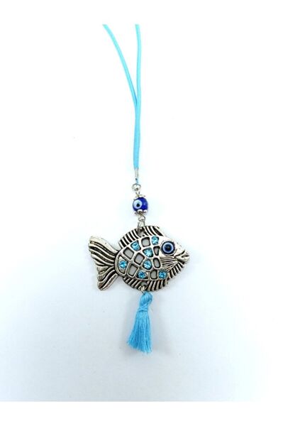 Püsküllü Nazar Boncuklu ve Parlak Taşlı Metal Balık Araba Dikiz Ayna Süsü, Yeni Araba Süsü Hediyelik