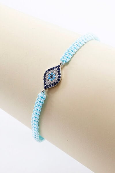 Light Turquoise Colored Silver Ellipse Zircon Stone Evil Eye Bracelet, Gift Bracelet