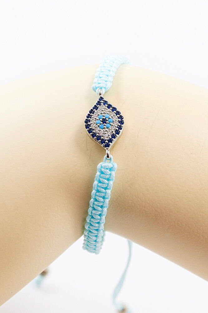 Açık Turkuaz Renkli Asansörlü Gümüş Elips Zirkon Taşlı Nazar Bileklik, Hediyelik Bileklik