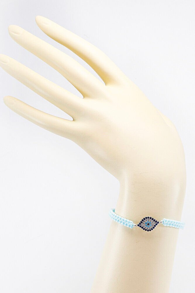 Açık Turkuaz Renkli Asansörlü Gümüş Elips Zirkon Taşlı Nazar Bileklik, Hediyelik Bileklik