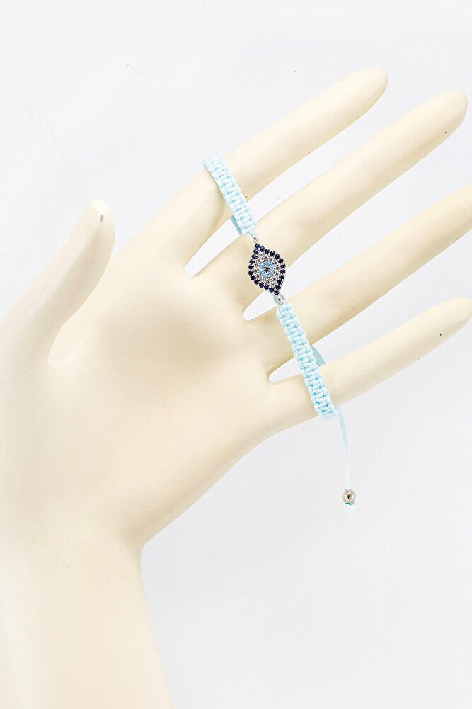 Açık Turkuaz Renkli Asansörlü Gümüş Elips Zirkon Taşlı Nazar Bileklik, Hediyelik Bileklik