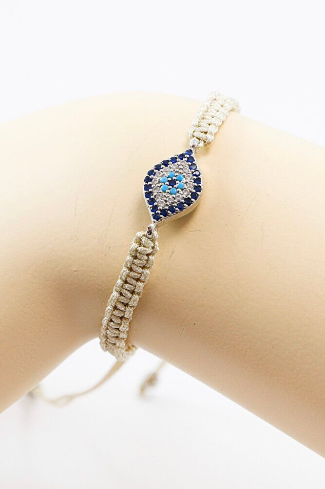 Beige Colored Silver Ellipse Zircon Stone Evil Eye Bracelet, Gift Bracelet