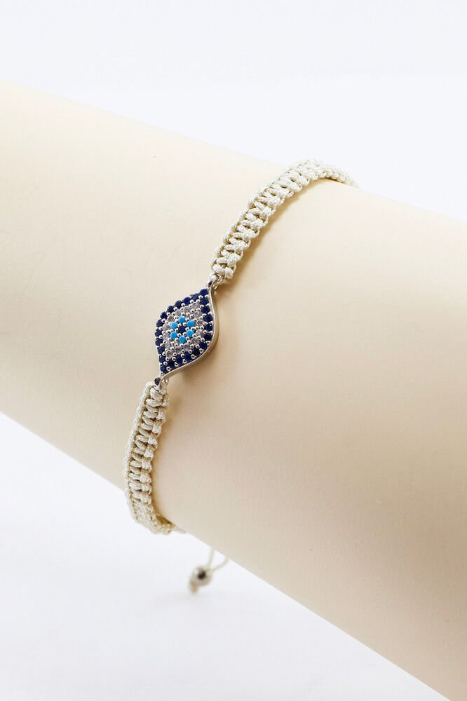 Beige Colored Silver Ellipse Zircon Stone Evil Eye Bracelet, Gift Bracelet