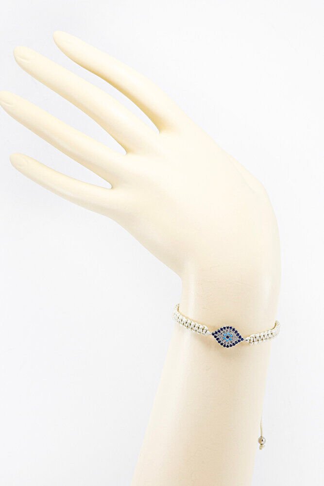 Beige Colored Silver Ellipse Zircon Stone Evil Eye Bracelet, Gift Bracelet