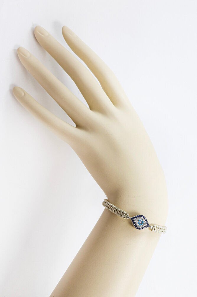 Beige Colored Silver Ellipse Zircon Stone Evil Eye Bracelet, Gift Bracelet