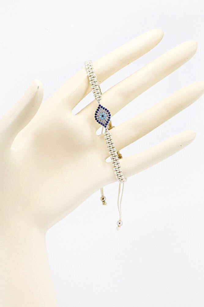 Beige Colored Silver Ellipse Zircon Stone Evil Eye Bracelet, Gift Bracelet