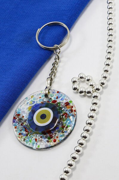 El Yapımı Kırıntılı Cam Nazar Boncuklu Anahtarlık, Hediyelik Çanta Süsü