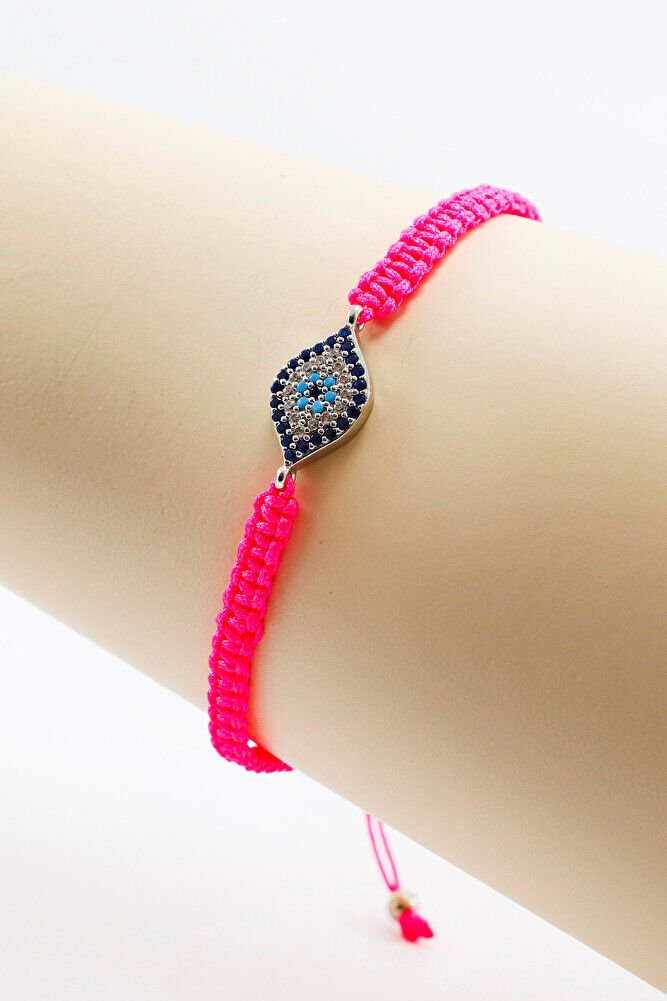 Pink Colored Silver Ellipse Zircon Stone Evil Eye Bracelet, Gift Bracelet