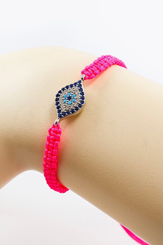 Pink Colored Silver Ellipse Zircon Stone Evil Eye Bracelet, Gift Bracelet