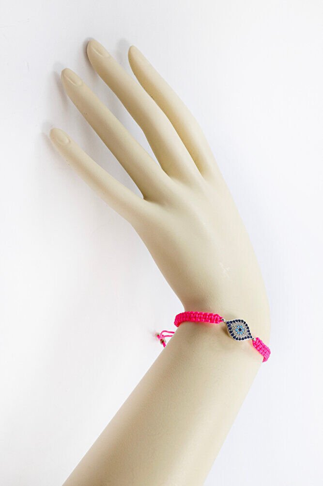 Pink Colored Silver Ellipse Zircon Stone Evil Eye Bracelet, Gift Bracelet