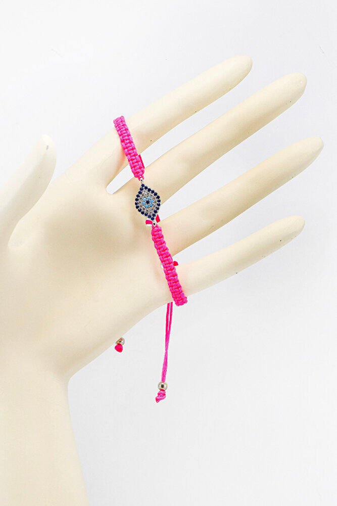 Pink Colored Silver Ellipse Zircon Stone Evil Eye Bracelet, Gift Bracelet