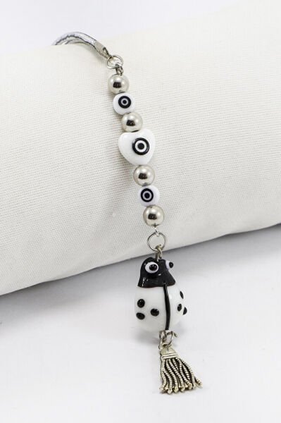 Siyah Beyaz Kalpli El Yapımı Cam Uğur Böcekli Püsküllü Dikiz Ayna Süsü, Hediyelik Araba Hediyesi