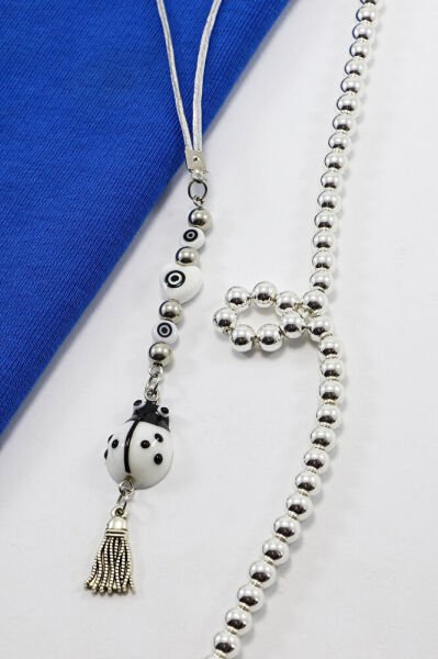 Siyah Beyaz Kalpli El Yapımı Cam Uğur Böcekli Püsküllü Dikiz Ayna Süsü, Hediyelik Araba Hediyesi