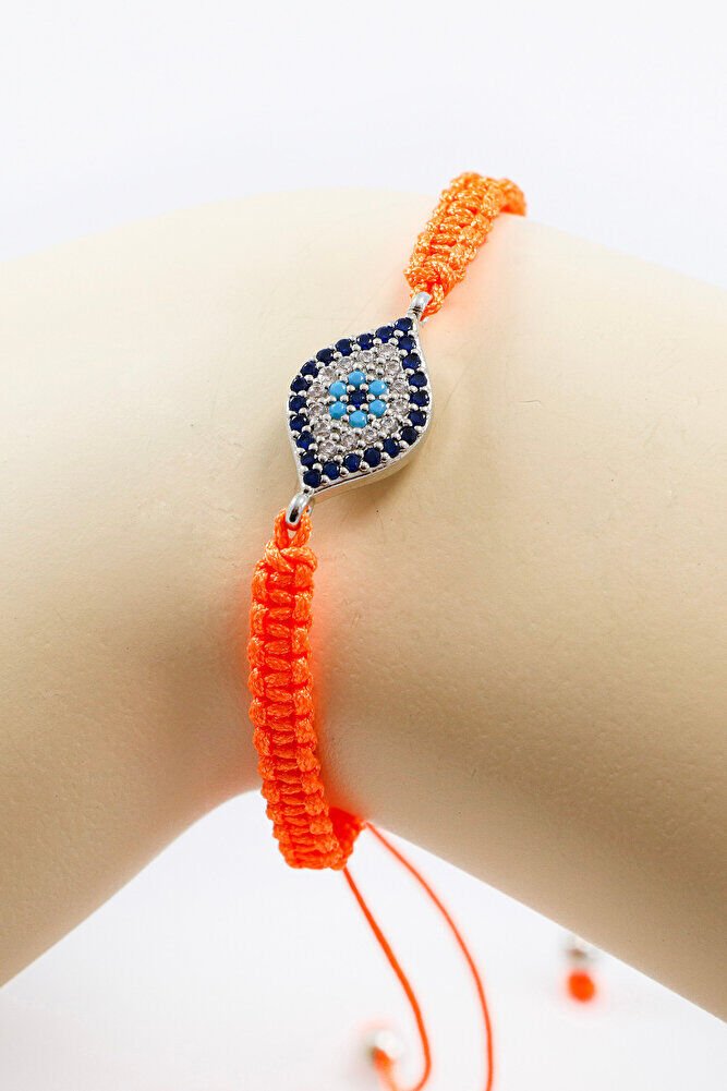 Orange Colored Silver Ellipse Zircon Stone Evil Eye Bracelet, Gift Bracelet