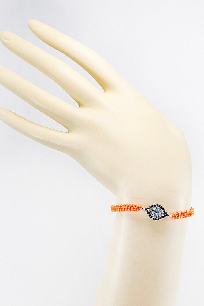 Orange Colored Silver Ellipse Zircon Stone Evil Eye Bracelet, Gift Bracelet