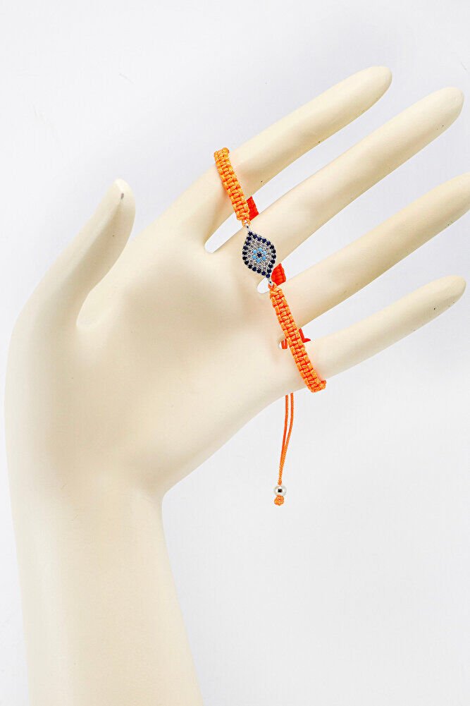 Orange Colored Silver Ellipse Zircon Stone Evil Eye Bracelet, Gift Bracelet