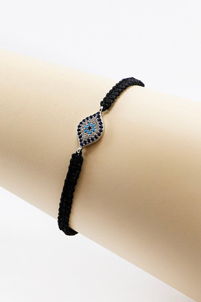 Black Colored Elevator Silver Ellipse Zircon Stone Evil Eye Bracelet, Gift Bracelet