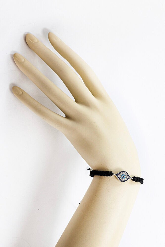 Black Colored Elevator Silver Ellipse Zircon Stone Evil Eye Bracelet, Gift Bracelet