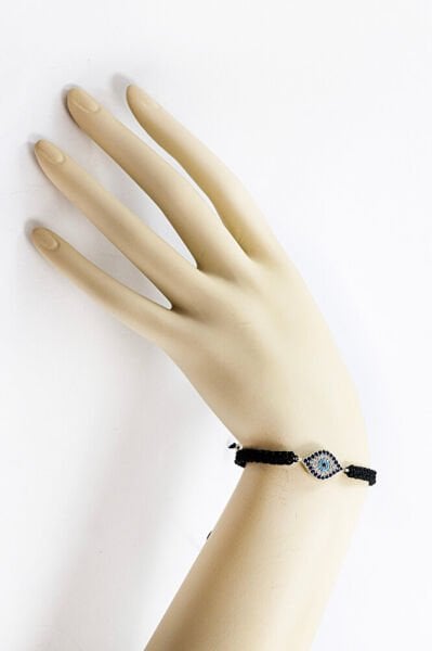 Black Colored Elevator Silver Ellipse Zircon Stone Evil Eye Bracelet, Gift Bracelet