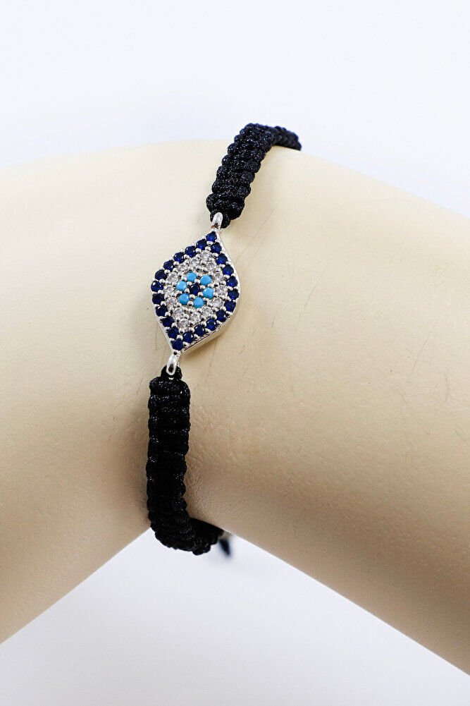Black Colored Elevator Silver Ellipse Zircon Stone Evil Eye Bracelet, Gift Bracelet