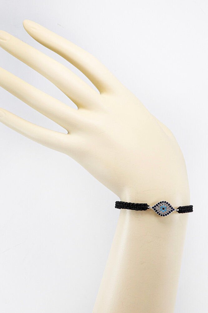 Black Colored Elevator Silver Ellipse Zircon Stone Evil Eye Bracelet, Gift Bracelet