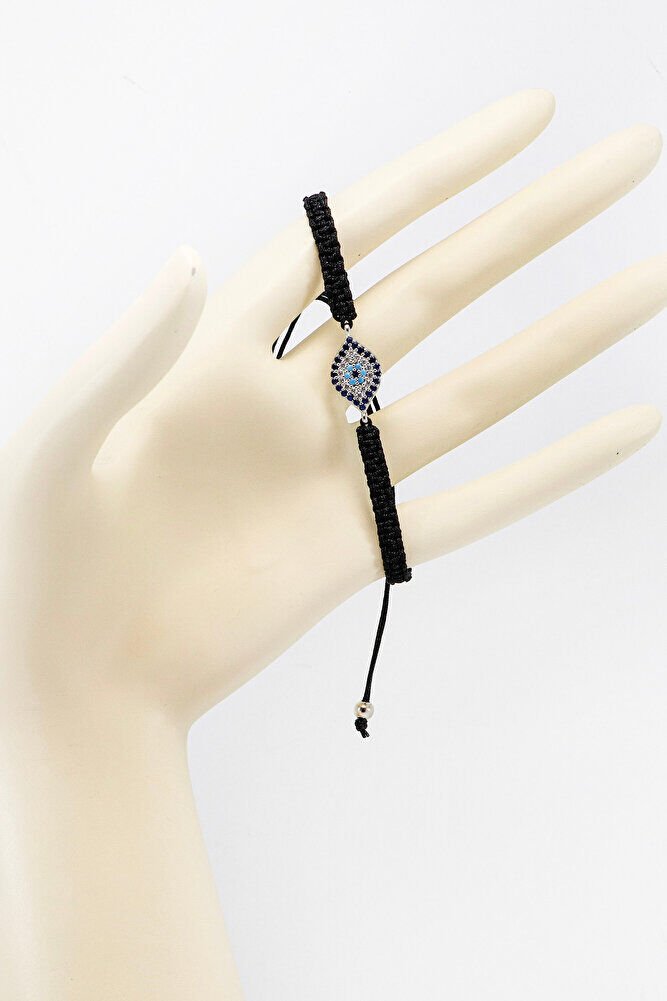 Black Colored Elevator Silver Ellipse Zircon Stone Evil Eye Bracelet, Gift Bracelet
