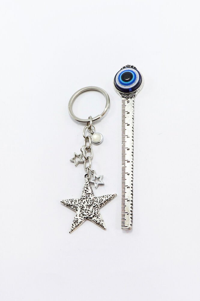 Boncuklu Gümüş Renkli Metal Yıldız Anahtarlık