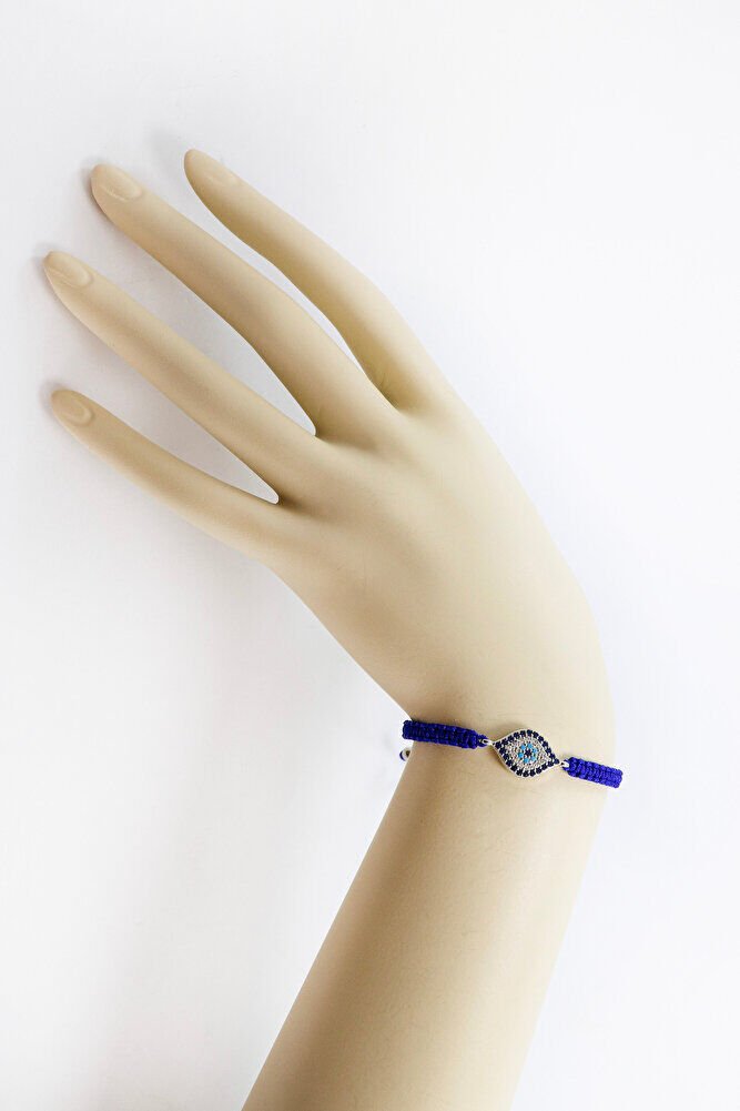 Lacivert Renkli Asansörlü Gümüş Elips Zirkon Taşlı Nazar Bileklik, Hediyelik Bileklik