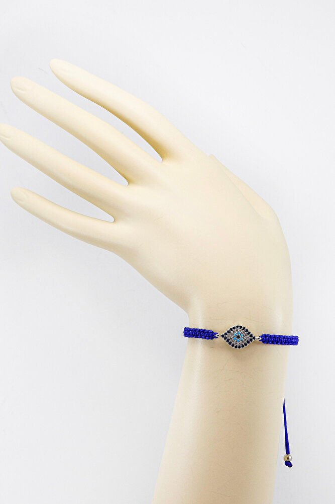 Lacivert Renkli Asansörlü Gümüş Elips Zirkon Taşlı Nazar Bileklik, Hediyelik Bileklik