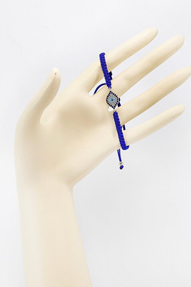 Lacivert Renkli Asansörlü Gümüş Elips Zirkon Taşlı Nazar Bileklik, Hediyelik Bileklik
