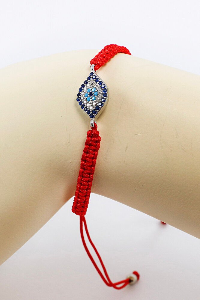 Kırmızı Renkli Asansörlü Gümüş Elips Zirkon Taşlı Nazar Bileklik, Hediyelik Bileklik