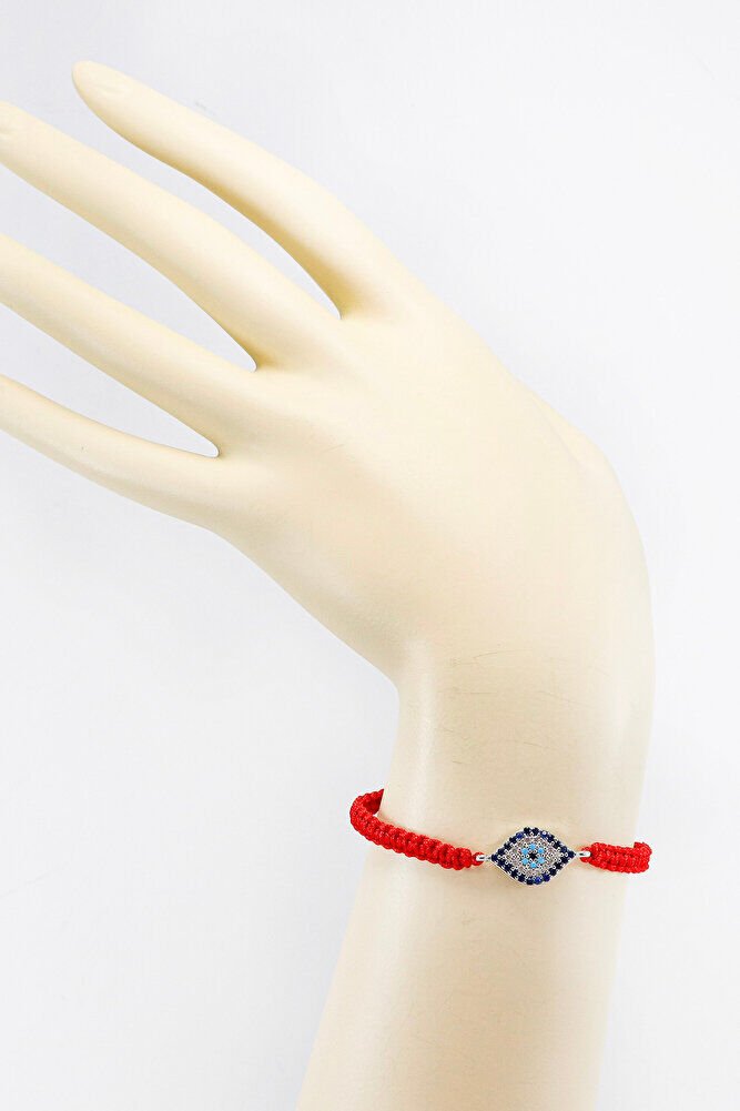 Kırmızı Renkli Asansörlü Gümüş Elips Zirkon Taşlı Nazar Bileklik, Hediyelik Bileklik