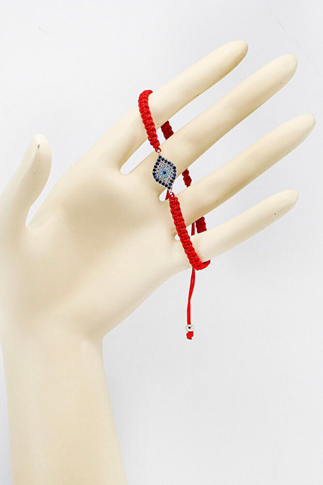 Kırmızı Renkli Asansörlü Gümüş Elips Zirkon Taşlı Nazar Bileklik, Hediyelik Bileklik