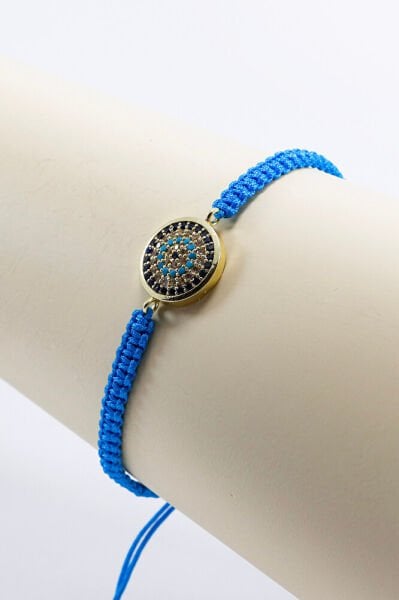 Koyu Turkuaz Renkli Asansörlü Gold Zirkon Taşlı Nazar Bileklik, Hediyelik Bileklik