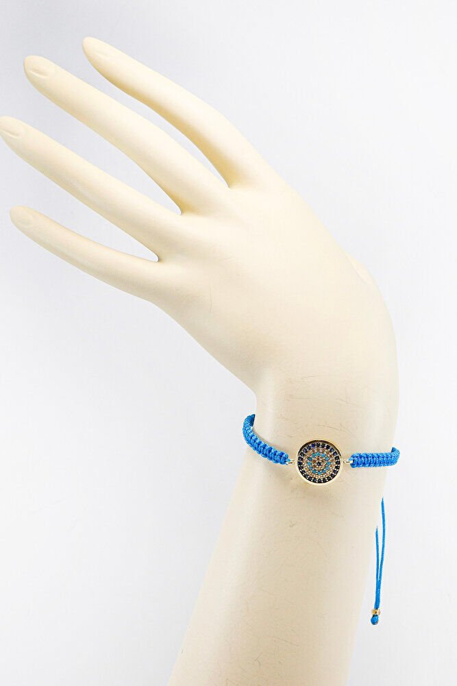 Koyu Turkuaz Renkli Asansörlü Gold Zirkon Taşlı Nazar Bileklik, Hediyelik Bileklik