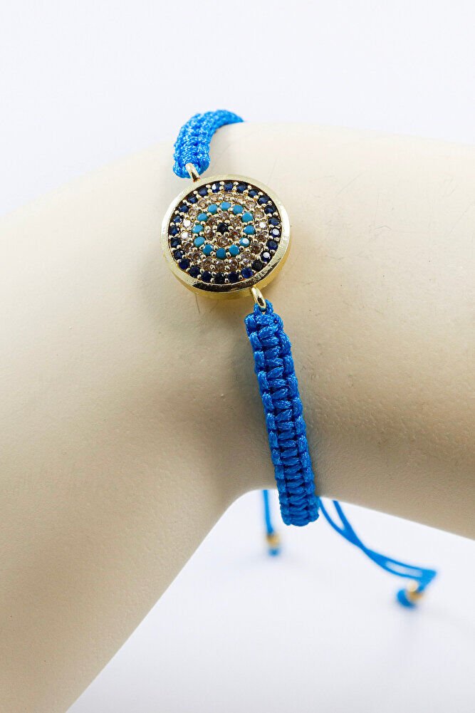 Koyu Turkuaz Renkli Asansörlü Gold Zirkon Taşlı Nazar Bileklik, Hediyelik Bileklik