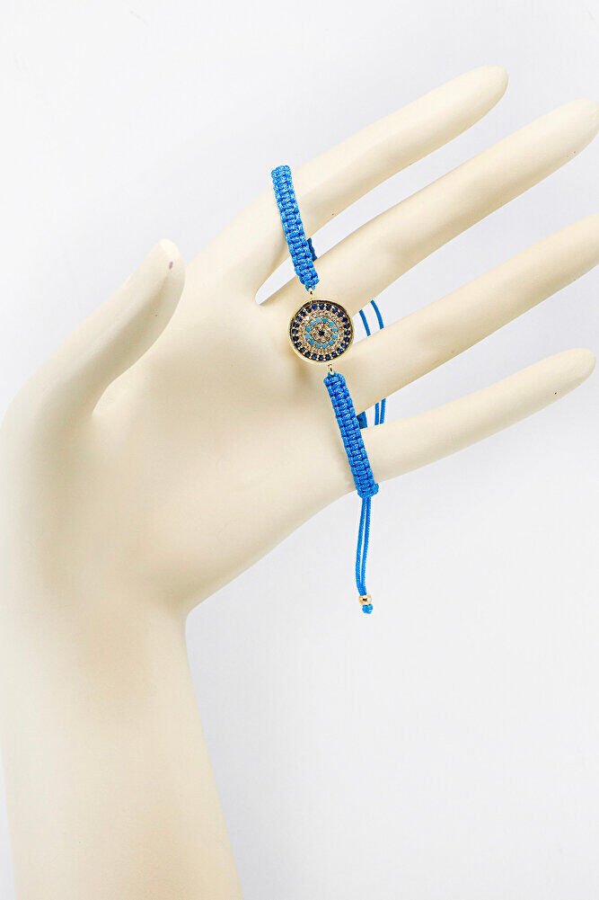 Koyu Turkuaz Renkli Asansörlü Gold Zirkon Taşlı Nazar Bileklik, Hediyelik Bileklik