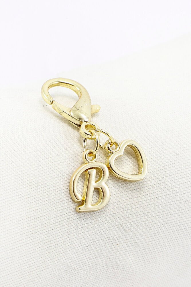 Metal B Harfi Ajurlu Kalp Klipsli Cüzdan Süsü Charm Gold Renkli Çanta Süsü Kişiselleştirilebilir