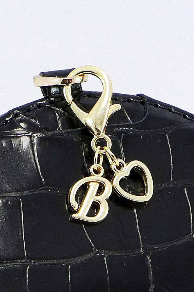 Metal B Harfi Ajurlu Kalp Klipsli Cüzdan Süsü Charm Gold Renkli Çanta Süsü Kişiselleştirilebilir