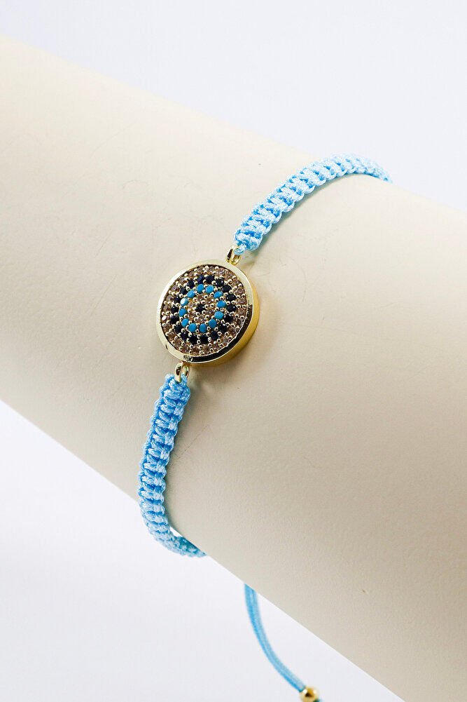 Light Turquoise Colored Elevator Gold Zircon Stone Evil Eye Bracelet, Gift Bracelet