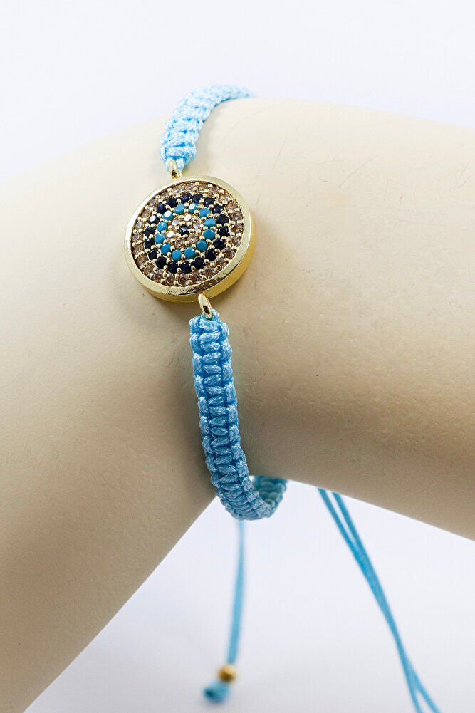Light Turquoise Colored Elevator Gold Zircon Stone Evil Eye Bracelet, Gift Bracelet