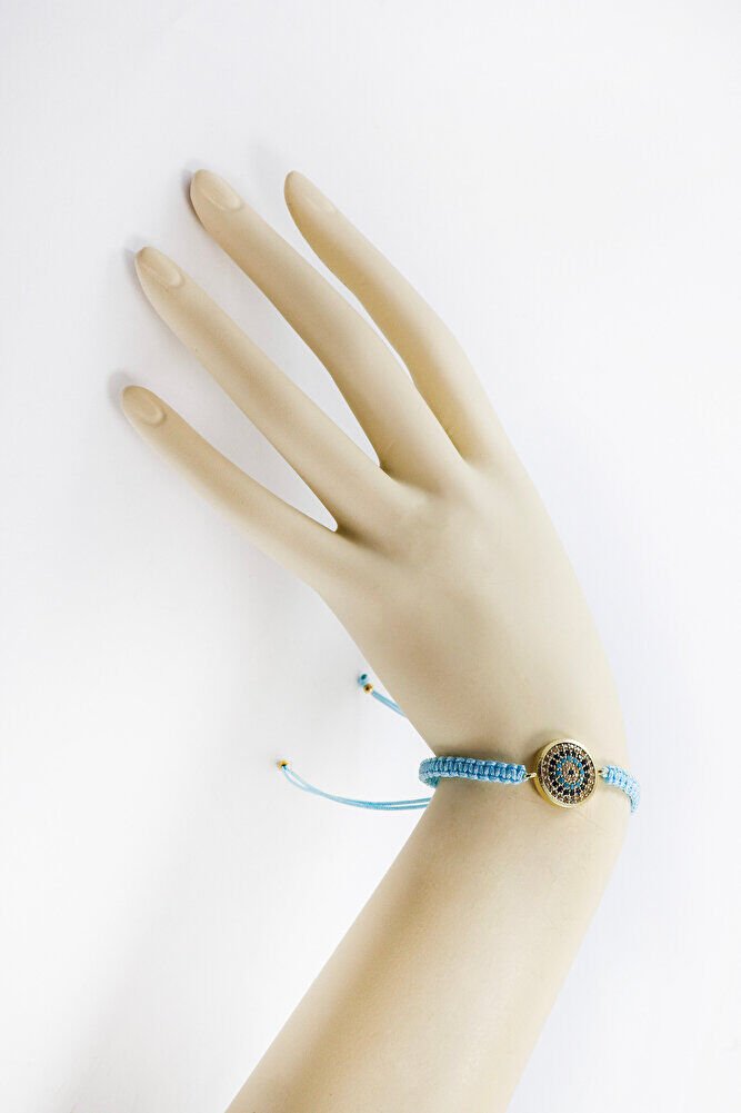 Light Turquoise Colored Elevator Gold Zircon Stone Evil Eye Bracelet, Gift Bracelet