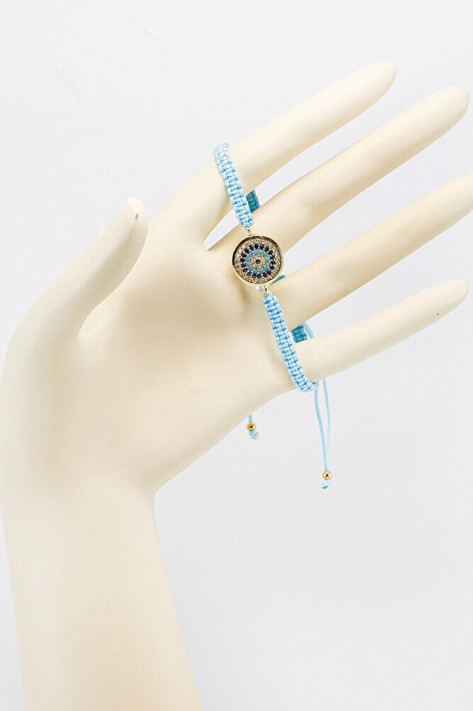 Light Turquoise Colored Elevator Gold Zircon Stone Evil Eye Bracelet, Gift Bracelet