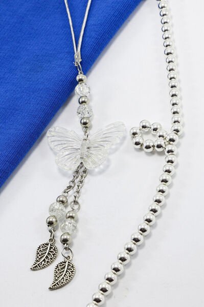 Şeffaf Boncuklu Salkım Yapraklı Kelebekli Araç Dikiz Ayna Süsü, Hediyelik Araba Hediyesi