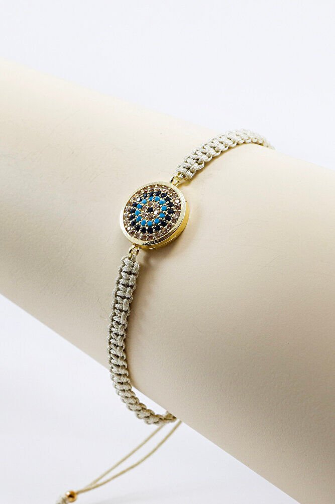 Bej Renkli Asansörlü Gold Zirkon Taşlı Nazar Bileklik, Hediyelik Bileklik