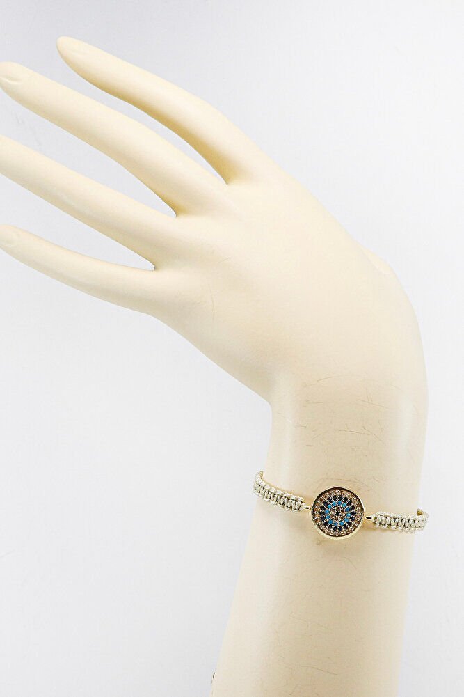 Bej Renkli Asansörlü Gold Zirkon Taşlı Nazar Bileklik, Hediyelik Bileklik